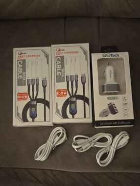 White 3-Port Car Charger with Included White Data Cables
